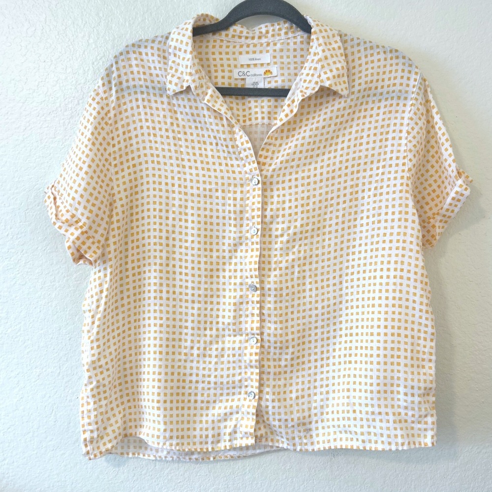 C&C California Coastal Yellow Gingham 100% Linen Button Down Short Sleeve SZ M